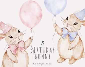 Aquarell Geburtstag Bunny Clipart, Junge Mädchen PNG, 1. Geburtstag, Partyhut, Ballon, Schleife, Babyparty, Kinderzimmer Dekor, handgemalte Kunst