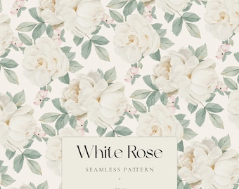 White rose watercolor digital paper, white flowers seamless pattern, ivory wedding background, elegant digital paper, floral wrapping paper
