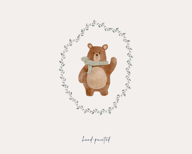 May include: A watercolor illustration of a brown bear wearing a light gray scarf, standing inside a wreath of green leaves. The text "hand-painted" is written below the bear.