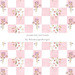 May include: Seamless pattern featuring a checkerboard design with pink squares and white squares. Sprigs of purple and pink flowers are arranged on the squares. The text "SEAMLESS PATTERN" and "by BloomscapeDesigns" are visible.