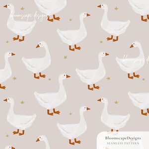 Neutral Goose Seamless Pattern, Vintage Nursery Digital Paper, Whimsical Geese Baby Fabric Design, Beige Gender Neutral Wallpaper
