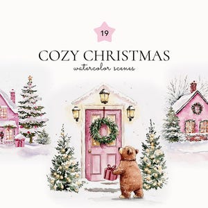 Acogedora escena navideña en acuarela, PNG navideño rosa, clipart estilo cottagecore, puertas de invierno, PNG de casa, oso navideño, conejo, tarjetas navideñas