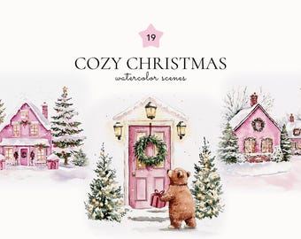 Gemütliche Weihnachtsaquarellszene, rosa Weihnachten PNG, Cottagecore Clipart, Wintertüren, Haus PNG, Weihnachtsbär, Kaninchen, Feiertagskarten