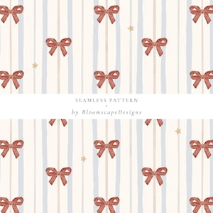Puede incluir: Patrón sin costuras con lazos de acuarela marrón rojizo y pequeñas estrellas doradas sobre un fondo de rayas verticales en azul claro y beige. El texto dice "SEAMLESS PATTERN by Bloomscape Designs". Ideal para proyectos de manualidades.