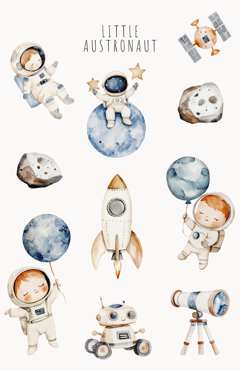 Watercolor Space Clipart Bundle, Cute Astronaut PNG Set, Galaxy Baby ...