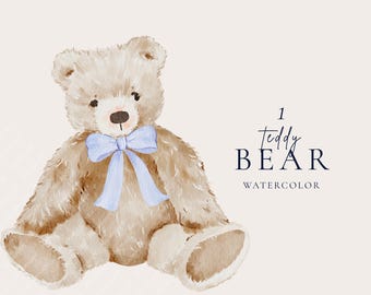 Blue Bow Teddy Bear Clipart, Watercolor Baby Bear PNG, Boy Baby Shower Decor, Cute Nursery Art, Hand Drawn Plush Toy, Vintage Neutral