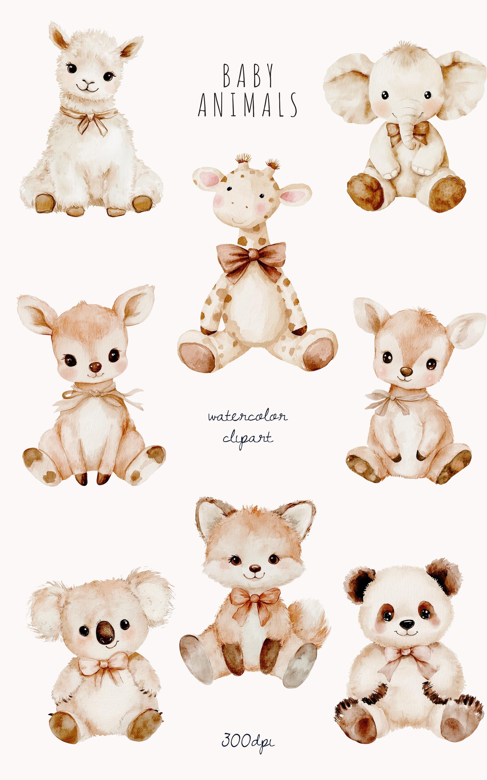 Watercolor Plush Animal Clipart, Cute Teddy Bear Bunny PNG, Neutral ...