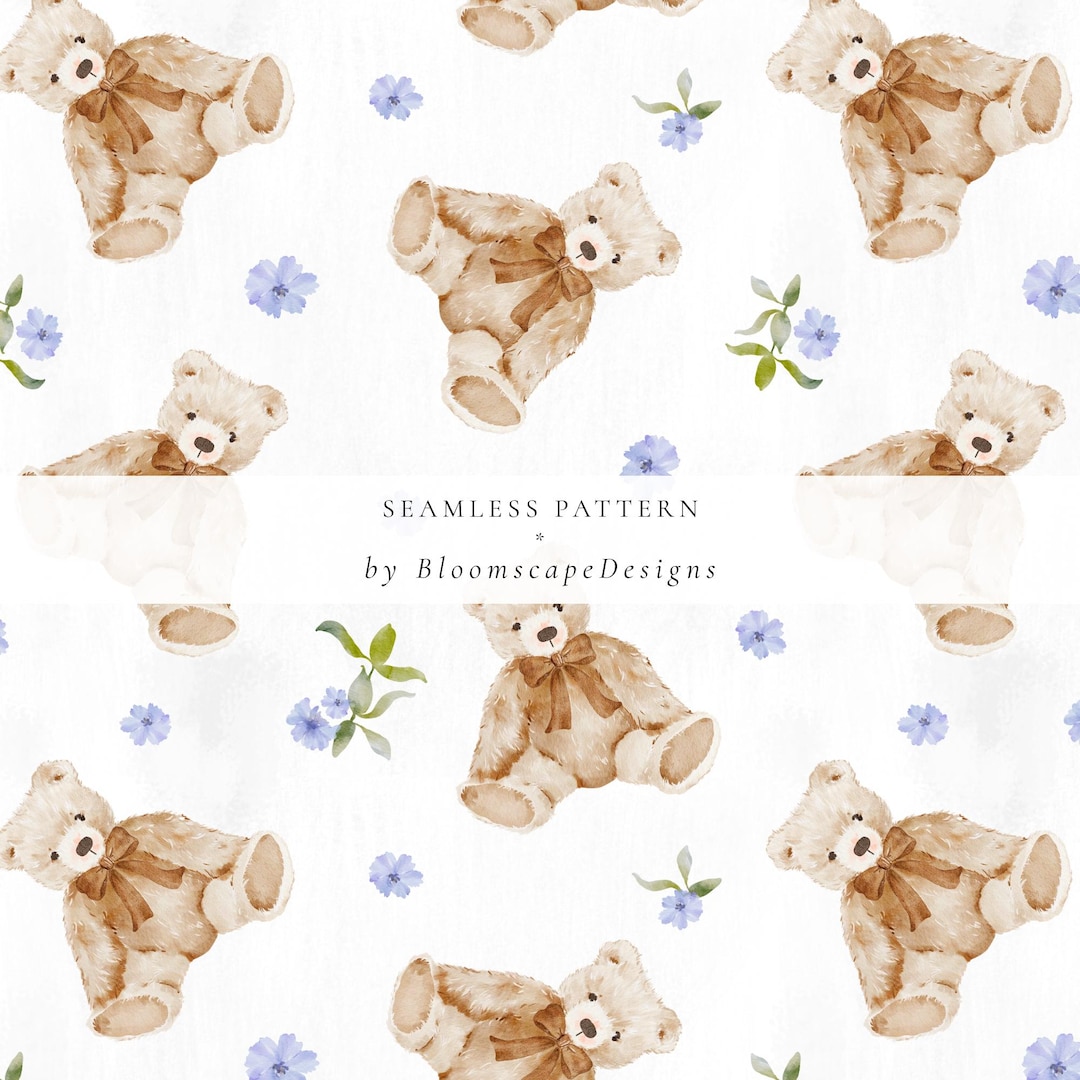 Watercolor Teddy Bear Seamless Pattern, Baby Nursery Digital Paper ...