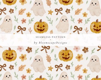 Halloween Seamless Pattern, Spooky Ghost Pumpkin Fall Floral Bow Digital Paper, Autumn Boho Fabric for Kids Scrapbook Craft Print