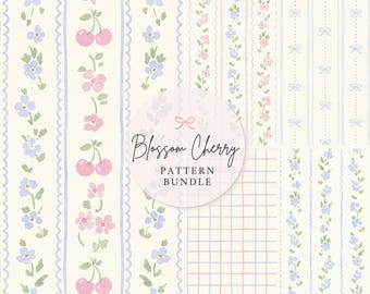 Cherry Pattern Bundle, Coquette Floral Digital Paper, Pastel Preppy Pack, Nursery Wallpaper, Fabric Pattern Set