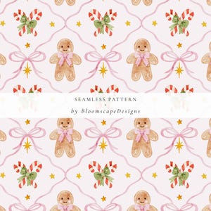 Könnte beinhalten: Nahtloses Muster mit Lebkuchenmännern, Zuckerstangen, Schleifen und Sternen auf hellrosa Hintergrund. Der Text "SEAMLESS PATTERN" und "by BloomscapeDesigns" ist ebenfalls sichtbar.