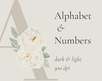 Clipart floreale con alfabeto floreale ad acquerello, numero, alfabeto botanico, clipart con lettere, invito a nozze, numeri floreali