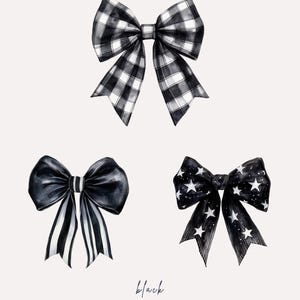 Black Bow Watercolor Clipart Set, Coquette Bow PNG, Girly Gothic Bows, Retro Halloween, Checkered Bow, Spooky Season, Black Bow Trendy PNG image 3