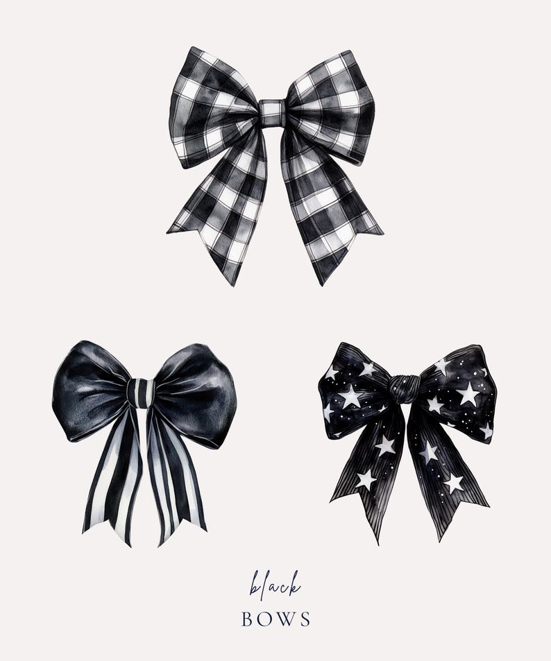 Black Bow Watercolor Clipart Set, Coquette Bow PNG, Girly Gothic Bows, Retro Halloween, Checkered Bow, Spooky Season, Black Bow Trendy PNG image 3