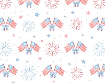 4th of July Seamless Pattern, Patriotic USA Flag Fireworks, Red Blue Star Pattern, American Digital Paper, Summer Fabric Design