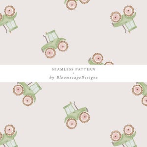 Green Tractor Seamless Pattern, Watercolor Farm Vehicle Digital Paper Fabric, Baby Boy Girl Nursery Wallpaper, Kids Birthday Decor