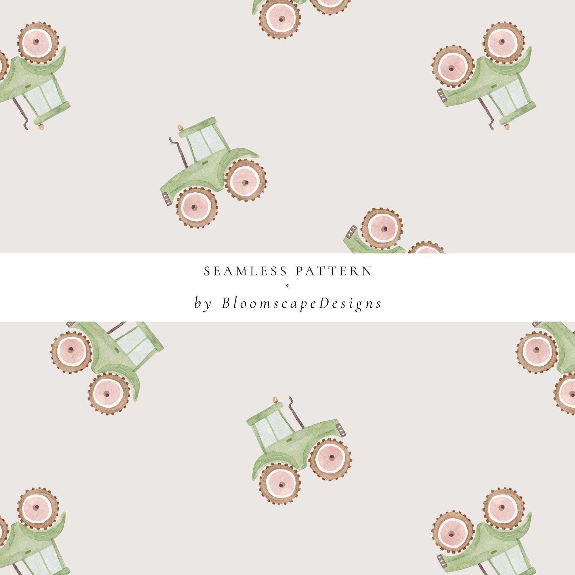 Green Tractor Seamless Pattern, Watercolor Farm Vehicle Digital Paper ...
