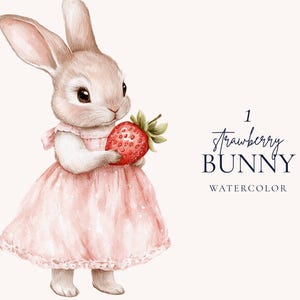 Erdbeer Häschen Mädchen Clipart, rosa Kleid Häschen PNG, Baby Häschen Erster Geburtstag, Aquarell Kaninchen Kinderzimmer Kunst, Niedliche Häschen Illustration
