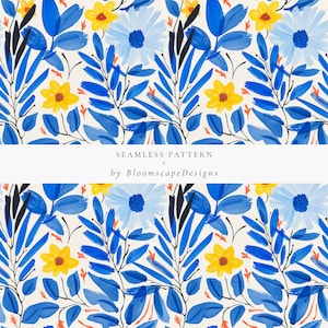 Carta da parati colorata e stravagante, motivo floreale astratto luminoso senza soluzione di continuità, carta digitale estiva senza soluzione di continuità, arte murale preppy blu e gialla