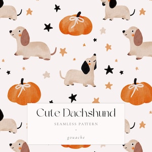 Lindo patrón de perro salchicha para Halloween, fondo sin costuras de calabazas y perros de Halloween en acuarela, papel digital con temática de mascotas de otoño, estampado de perro otoñal