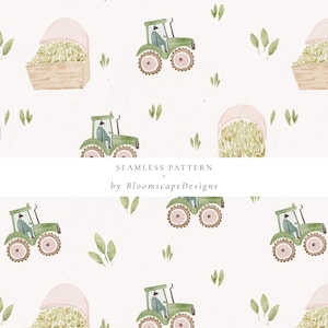 Watercolor Farm Tractor Pattern, Green Tractor Seamless Print, Rustic Countryside Digital Paper, Vintage Farm Clipart PNG, Pastel Farm Theme