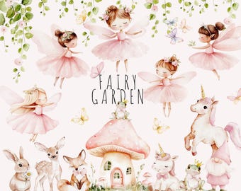 Watercolor Fairy Garden Clipart, Pink Fairy Princess PNG, Woodland Fantasy Unicorn, Cute Forest Animals, Magical Clipart, Whimsical Nursery