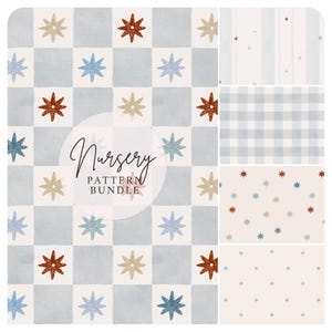 May include: A nursery pattern bundle with diverse designs. The primary pattern displays a checkerboard with blue squares and star accents in gold, blue, and red. Additional patterns include stripes, gingham, and scattered stars. The text "Nursery Pattern Bundle" is in the centre.