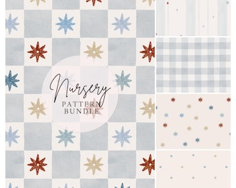 Neutral Nursery Pattern Bundle, Vintage Star Gingham Stripe Patterns, Soft Blue Beige Digital Paper, Nursery Wallpaper