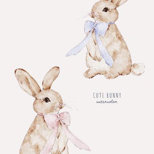 May include: Two watercolor illustrations of cute bunnies with bows. The bunny on the left has a pink bow and the bunny on the right has a blue bow. The text "Cute Bunny watercolor" is below the bunnies.