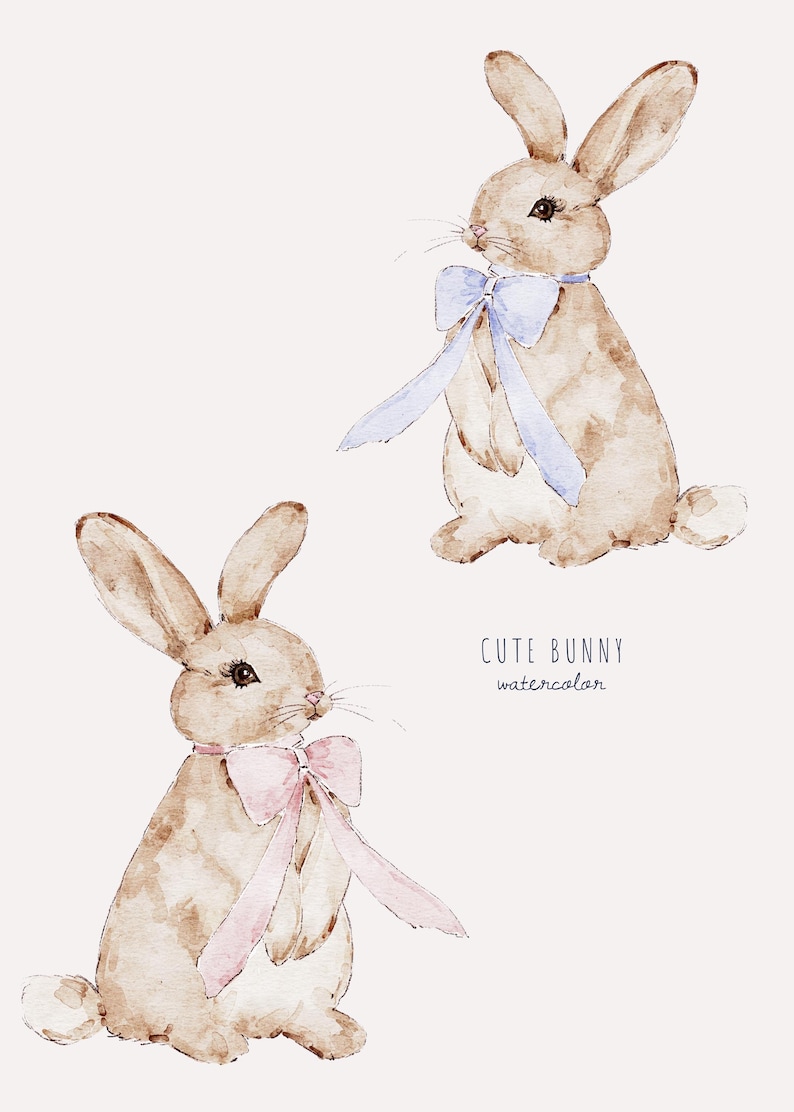 May include: Two watercolor illustrations of cute bunnies with bows. The bunny on the left has a pink bow and the bunny on the right has a blue bow. The text "Cute Bunny watercolor" is below the bunnies.
