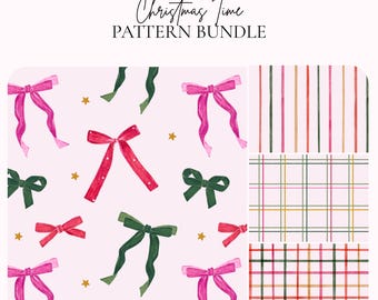 Christmas Bow Pattern Bundle, Festive Holiday Seamless Patterns, Red Green and Pink Ribbon Digital Paper, Plaid Stripe Christmas Backgrounds