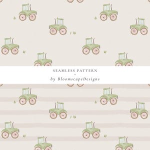 Watercolor Tractor Seamless Pattern, Green Farm Truck Digital Paper, Boys Nursery Fabric Print, Baby Farm Pattern, Kids Farming Background