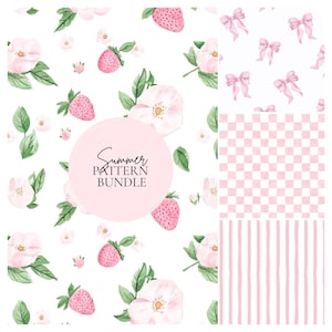 Vichy aux fraises et aquarelle transparente motif, papier numérique rayé rose clair, fichier numérique pour chambre d'enfant d'été, motif coquette pastel