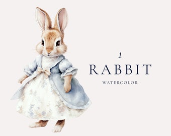 Puede incluir: Pintura acuarela de un conejo marrón que lleva un vestido azul con estampado floral blanco y un lazo blanco. El texto "1 CONEJO ACUARELA" está en la esquina superior derecha de la imagen.