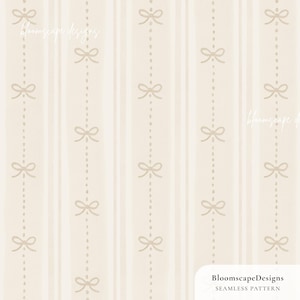 Puede incluir: Patrón sin costuras con rayas verticales color crema, intercaladas con filas de pequeños lazos y líneas punteadas en un tono marrón claro. El diseño incluye el texto "BloomscapeDesigns" y "SEAMLESS PATTERN".