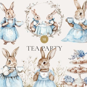 Pacote de clipart em aquarela para chá da tarde, clipart fofo de coelhinho, clipart de convite para chá da tarde com coelhinho azul, arte para quarto de bebê com coelhinho, uso comercial