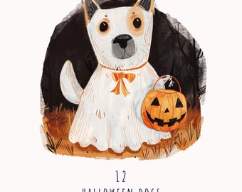 Halloween Dog PNG Clipart Bundle, Cute Funny Dog in Ghost Costume with Pumpkin, Fall Sublimation Design, Spooky Season Pet Illustration