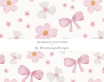 Watercolor Pink Bow Pattern, Floral Seamless Digital Paper, Cute Girly Fabric Design, Soft Pastel Flowers Bows Print, Baby Shower Scrapbook