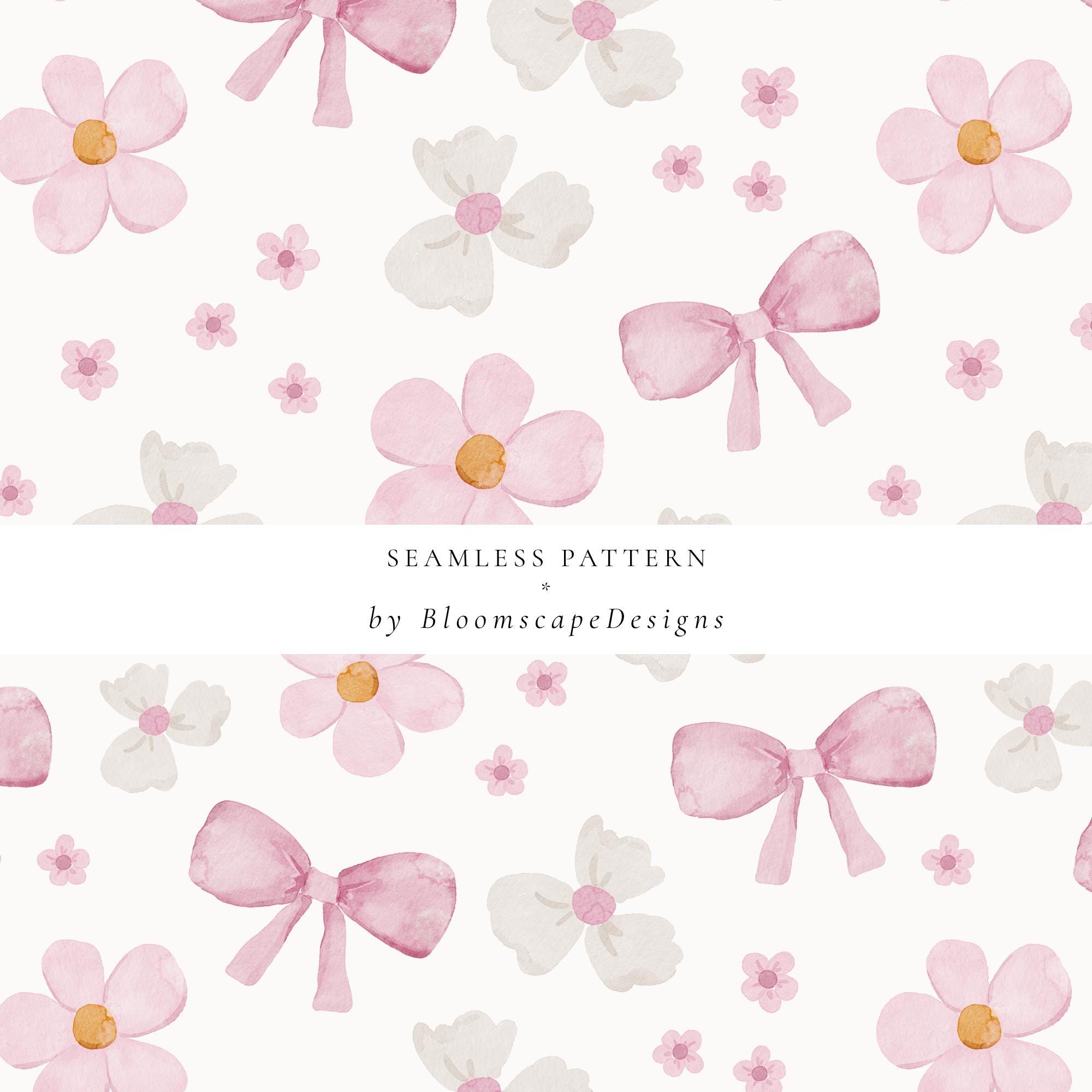 Watercolor Pink Bow Pattern, Floral Seamless Digital Paper, Cute Girly Fabric Design, Soft Pastel Flowers Bows Print, Baby Shower Scrapbook
