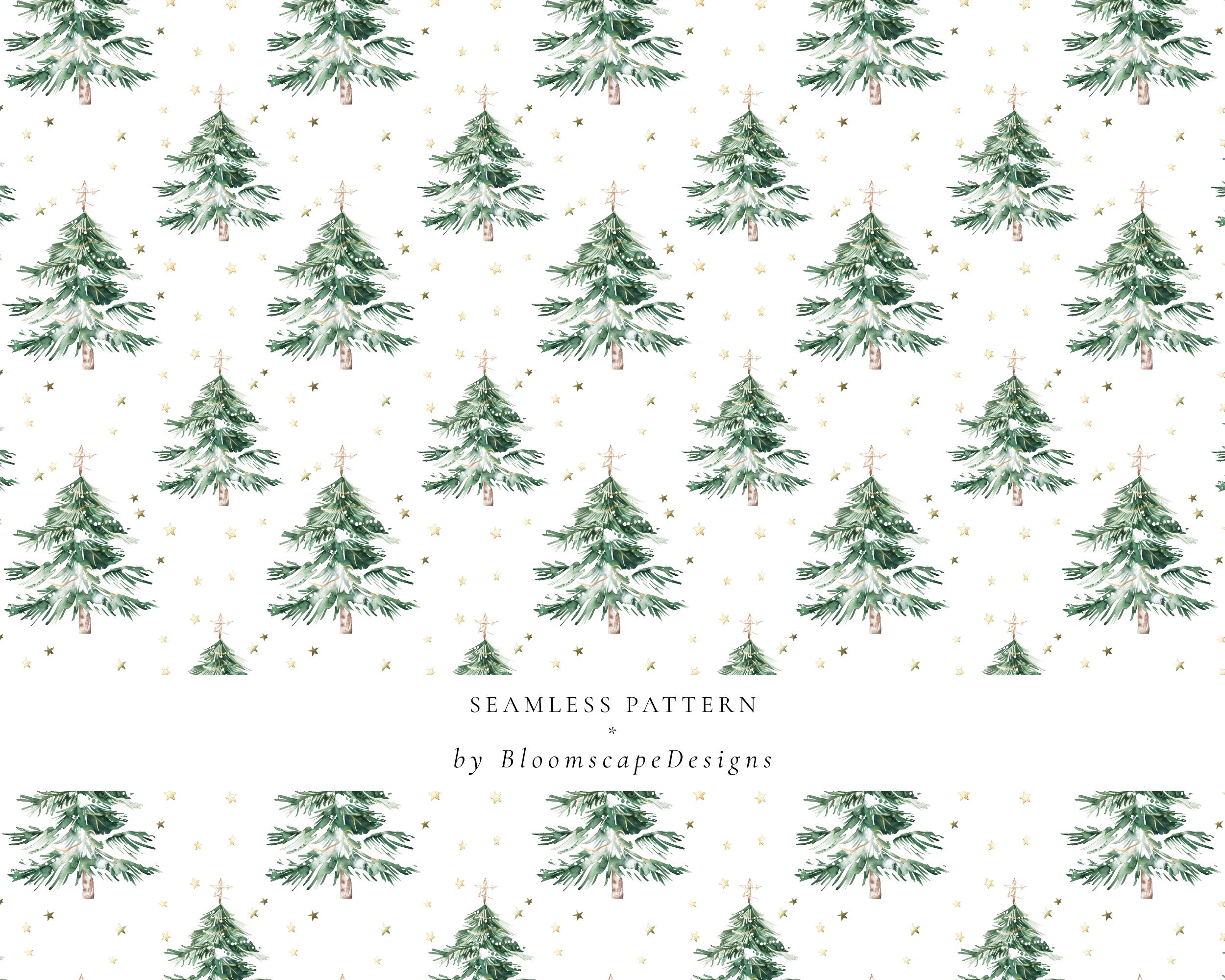 Christmas Tree Seamless Pattern, Green Christmas Trees With Gold Stars ...