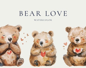 Watercolor clipart valentine day, cute bear love clipart, bear with heart, valentines bear png, bear clipart, instant download