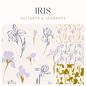 May include: Digital art featuring iris flower patterns and elements. The image showcases various iris illustrations in shades of purple, gold, and navy blue on a cream background. The text "IRIS PATTERNS & ELEMENTS" is at the top.