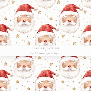 Padrão sem emendas de Papai Noel vermelho, estrelas douradas de rosto de Papai Noel em aquarela de Natal, papel digital fofo para artesanato, cartões, scrapbooking