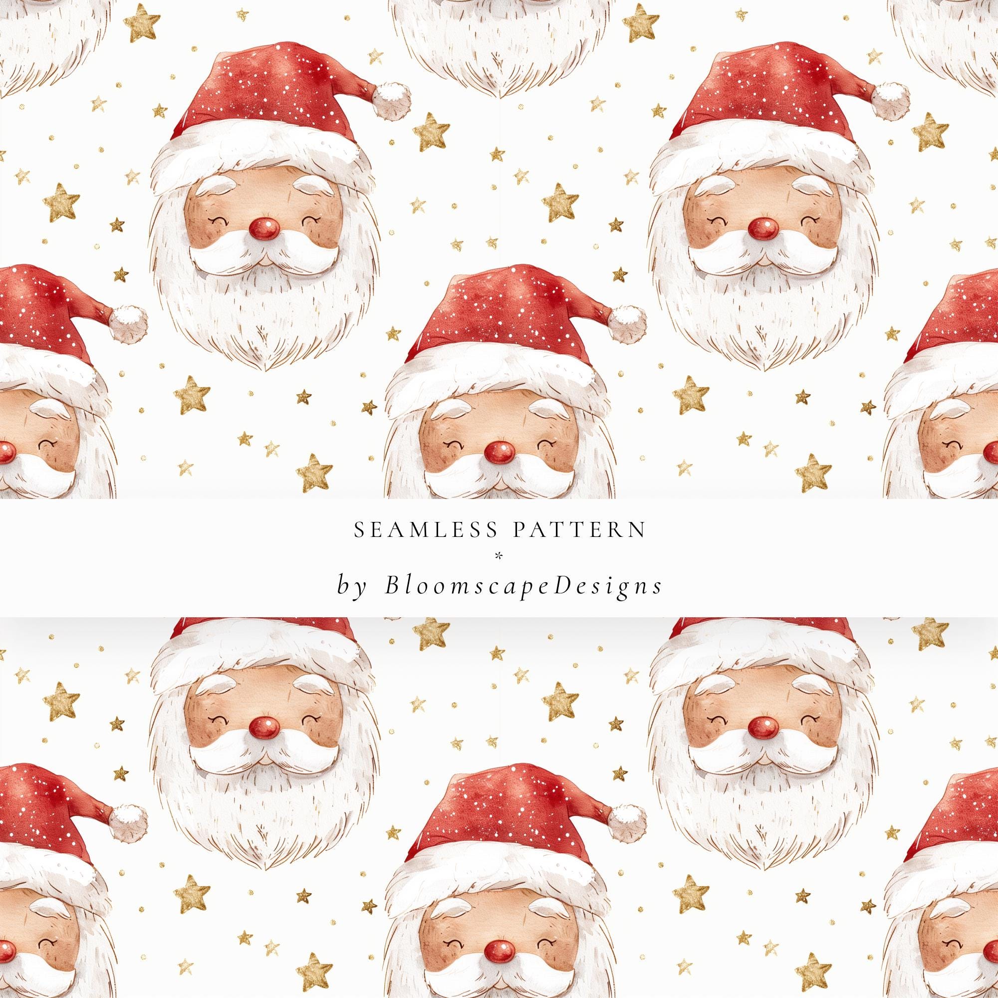 Santa Color Pattern Red Santa Claus Seamless Pattern, Christmas Watercolor Santa Face Gold ...
