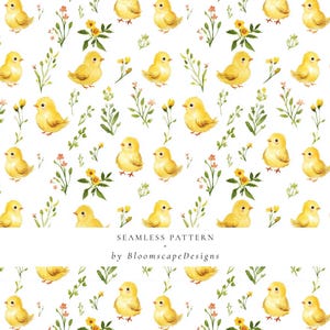 Watercolor Baby Chick Seamless Pattern, Spring Floral Yellow Chick ...