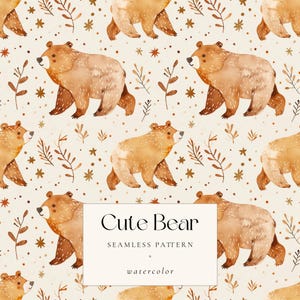 Patrón sin costuras de oso de acuarela, tema de bosque otoñal, linda ilustración de animal del bosque, papel digital de osos pardos para baby shower, manualidades