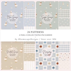 Puede incluir: Un paquete de 24 patrones digitales en cuatro colecciones. La imagen muestra gansos con lazos, margaritas, cuadros vichy y motivos de estrellas en tonos azules, verde salvia y neutros. El texto incluye Blue Goose, Sage Goose, Neutral Goose, Nursery, 24 PATTERNS, 4 FULL COLLECTIONS INCLUDED y BloomscapeDesigns.