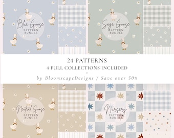 Goose Nursery Pattern Bundle, Vintage Cottagecore Seamless Patterns, Neutral Blue Sage Wallpaper Fabric
