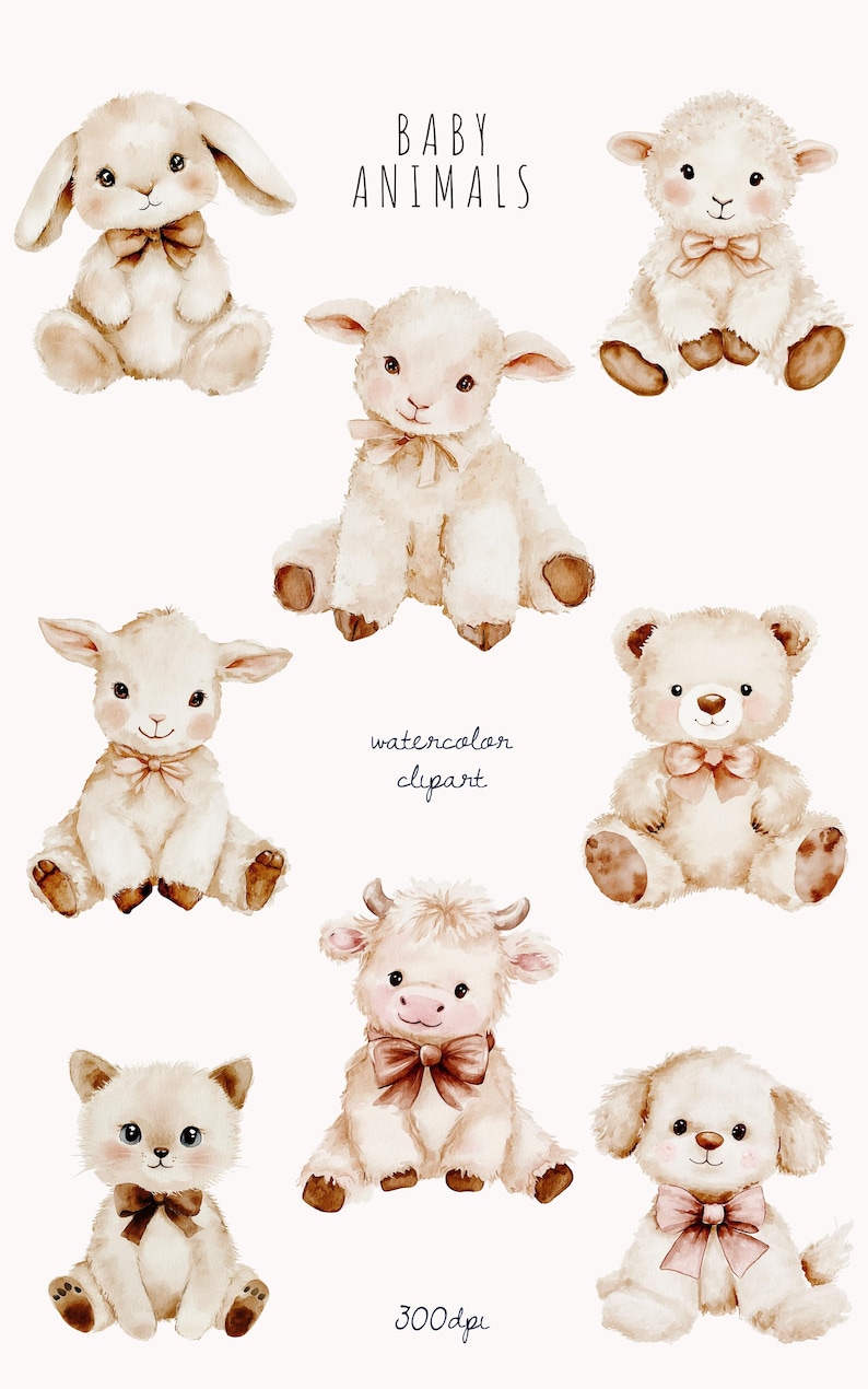 Watercolor Plush Animal Clipart, Cute Teddy Bear Bunny PNG, Neutral ...