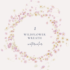 Clipart couronne de fleurs sauvages aquarelle, couronne de marguerites délicates png, fleurs roses pastel, blanches, couronne rustique esthétique, clipart fête des mères